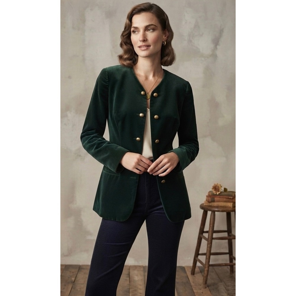 VTG Susan Bristol Velvet Blazer Women 4 Green Gold Button Longline Jacket Cotton